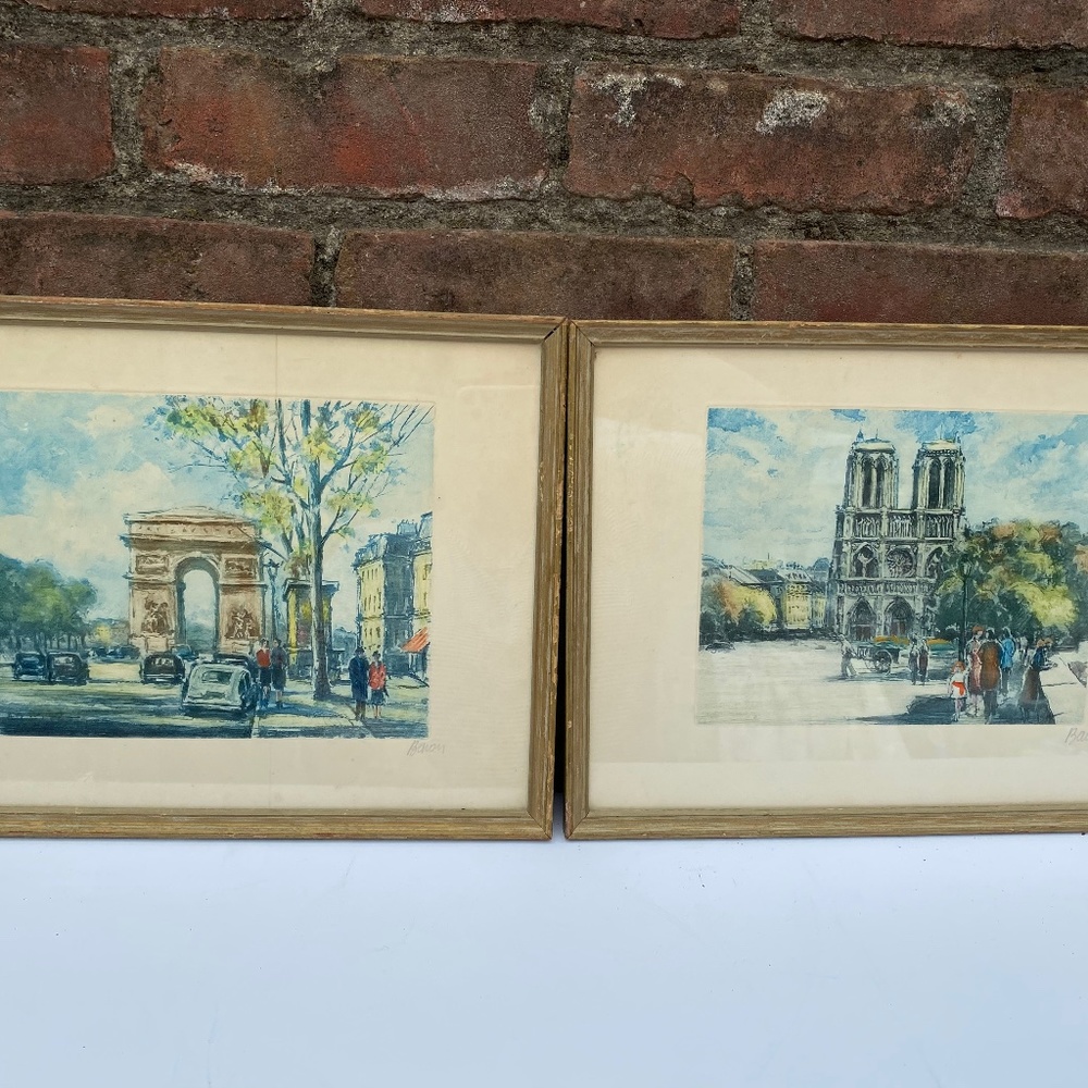 Vintage Signed Marcel Julien Baron Etching Colored Paris Notre Dame Cathedral Ar